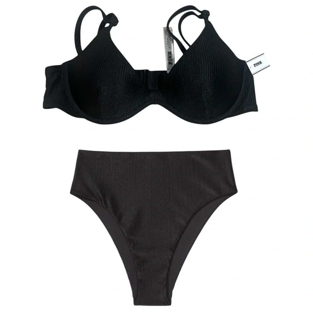 Victoria's‎ Secret Pink Black Swim Super Push-Up Underwire Cheeky Bikini Set- M